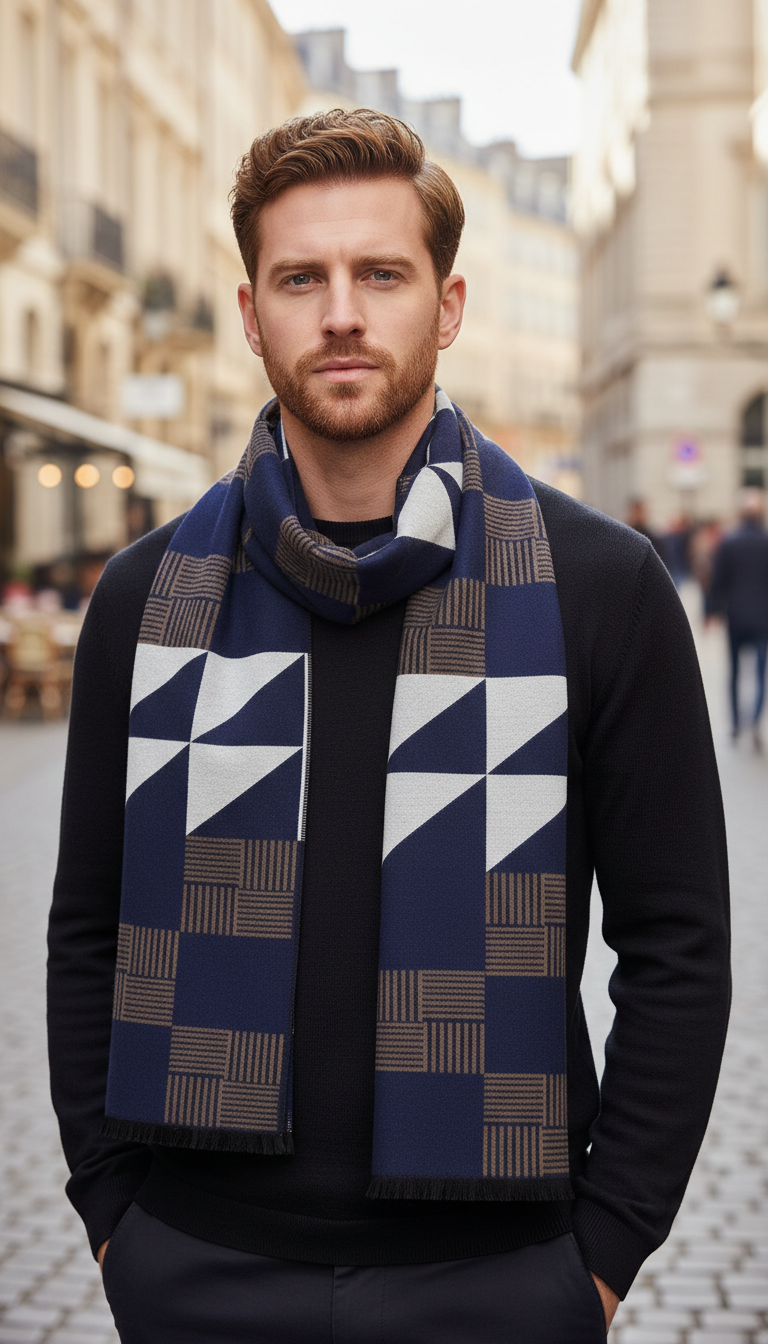 Men's Cashmere Scarf - Striped Business Shawl Wrap - Detail Close-Up