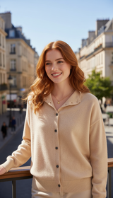Women's Cashmere Cardigan - Half High Collar Button - Side View
