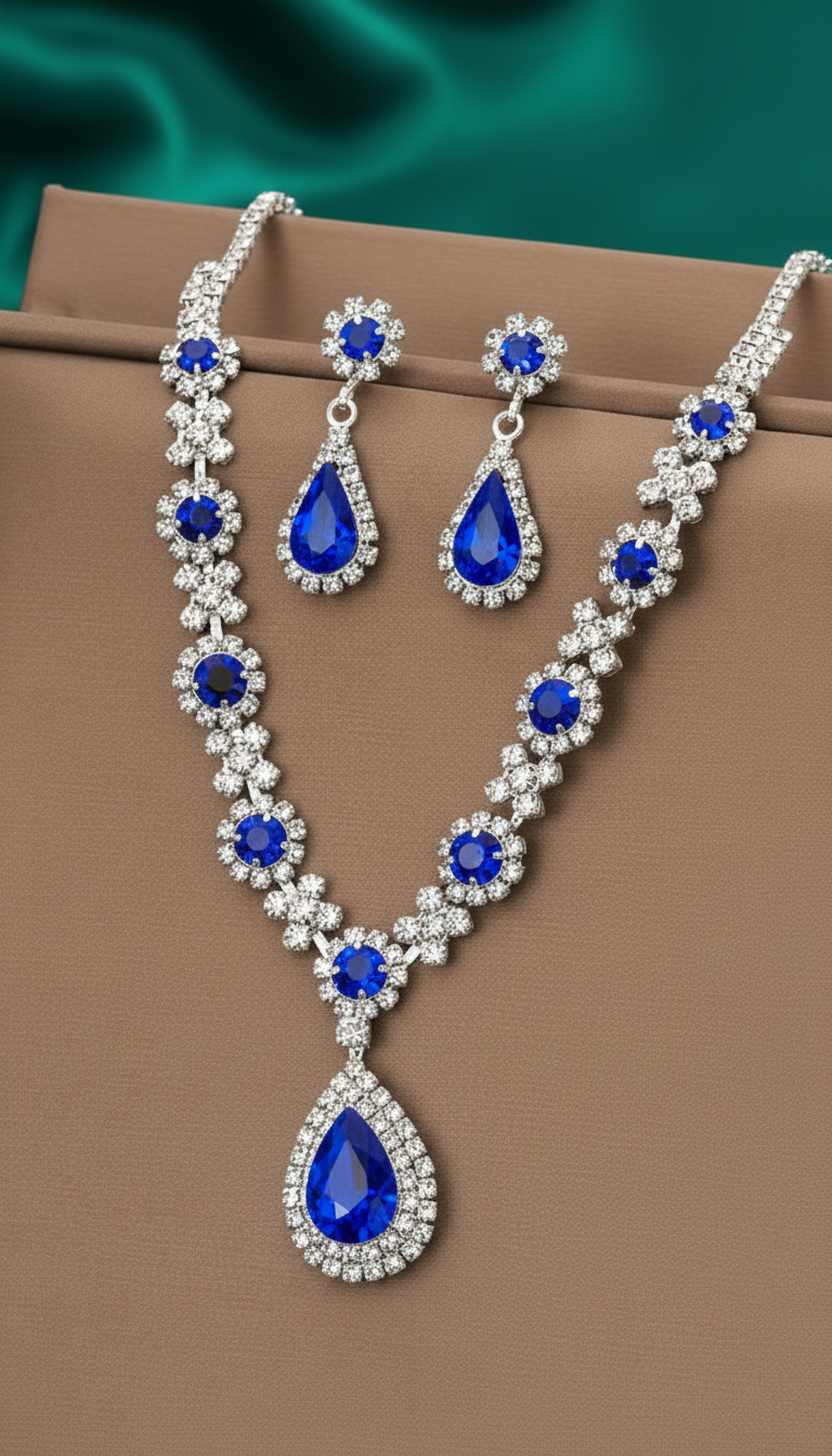 Crystal Teardrop Necklace and Earring Set - 3-Piece - Detail Close-Up