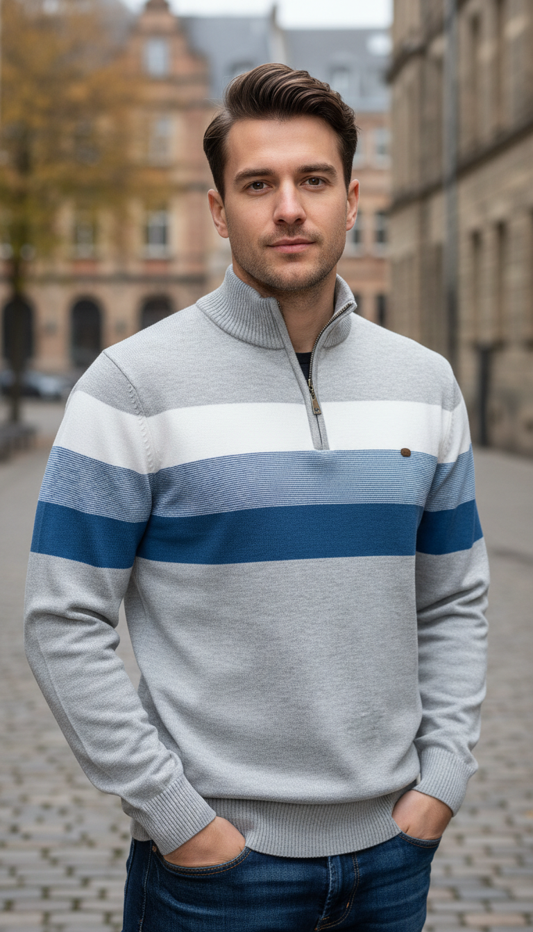 Men's Patchwork Pullover Sweater - Cotton Mock Neck - Image 5