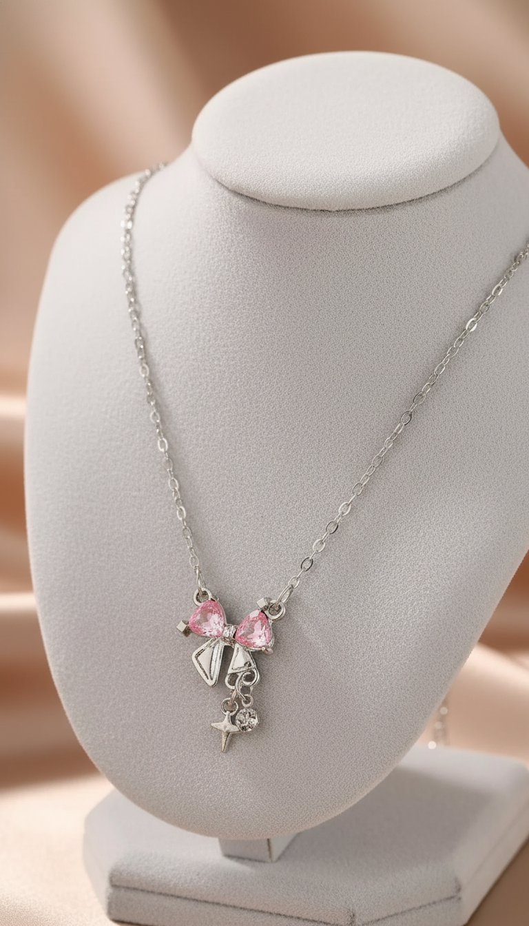 Pink Bow Star Pendant Necklace - Rhinestone Clavicle - Detail Close-Up