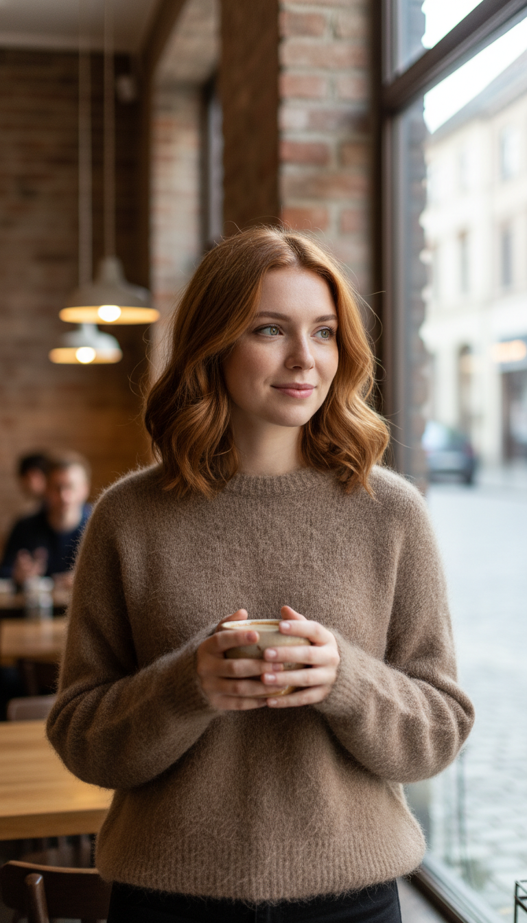 Women's Warm Alpaca Pullover - Loose Dropped Sleeve - Front View