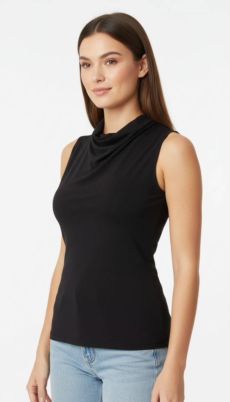 Women's Pleated Half-High Neck Tank - Slim Fit Sleeveless Top
