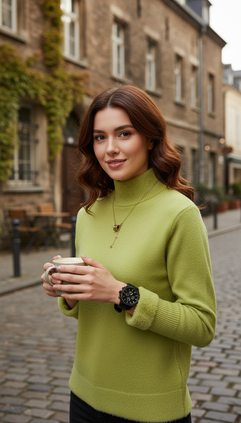 Women's Turtleneck Sweater - Elegant Velvet Lined Warm - Side View