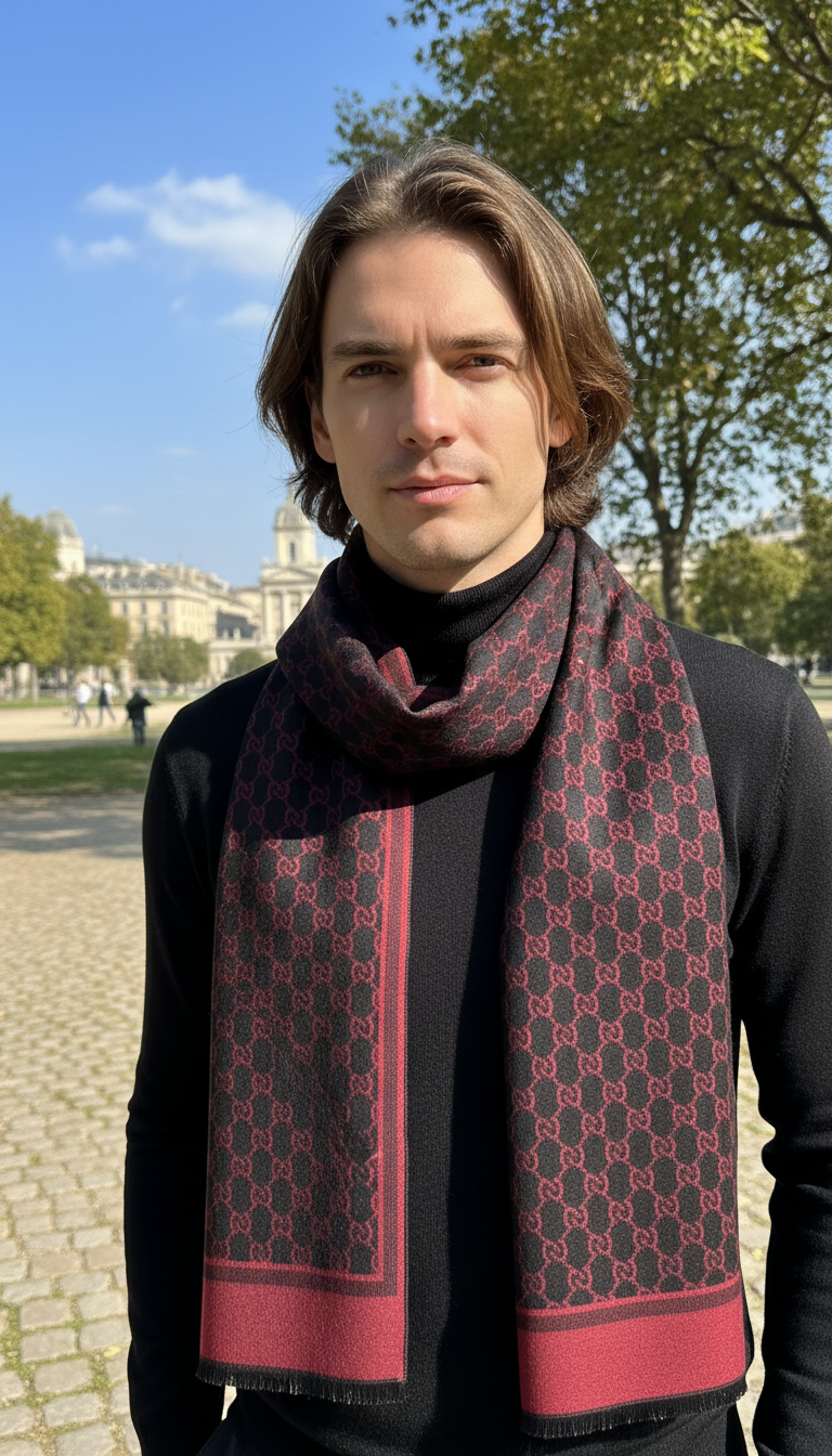 Men's Cashmere Scarf - Letter Print Pashmina Neck - Detail Close-Up