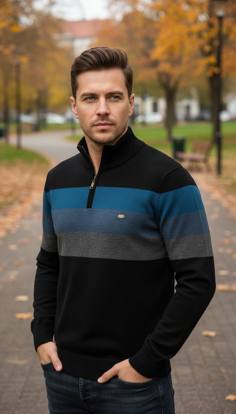 Men's Patchwork Pullover Sweater - Cotton Mock Neck - Image 6