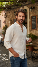 Cotton Linen Henley Shirt – Men's Lightweight Breathable - Image 9