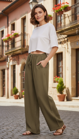 Women's Loose Linen Pants - Wide Leg Casual Trousers with Pockets