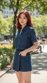 Women's 2-Piece Denim Set - Slim Fit Collar - Side View