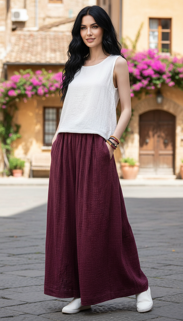 Women's Cotton Linen Wide Leg Pants - Pleated - Image 6