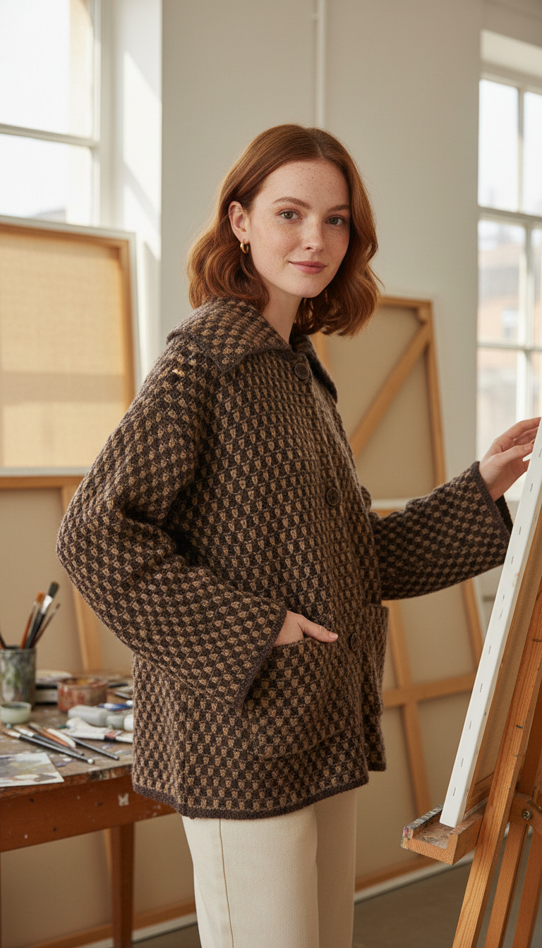 Women's Brown Knitted Cardigan - Elegant Lapel Loose - Front View