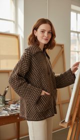 Women's Brown Knitted Cardigan - Elegant Lapel Loose - Front View