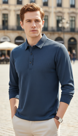Herren Waffel-Langarm-POLOSHIRT mit Buchstaben-Revers, lässiges Oberteil