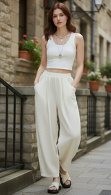 Women's High-Waisted Pleated Wide Leg Pants - Elastic Waist Ankle-Length Trousers
