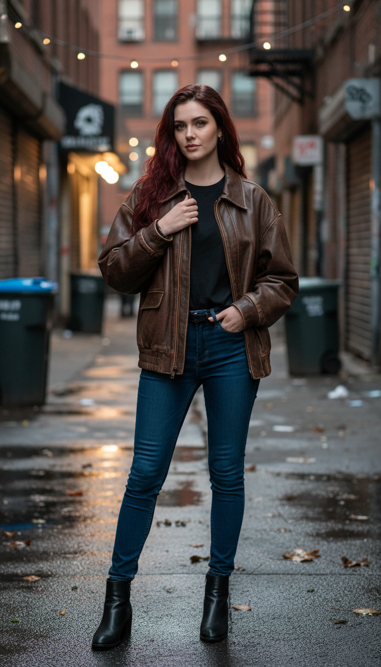 Women's Oversized Vintage Brown Faux Leather Jacket - - Front View