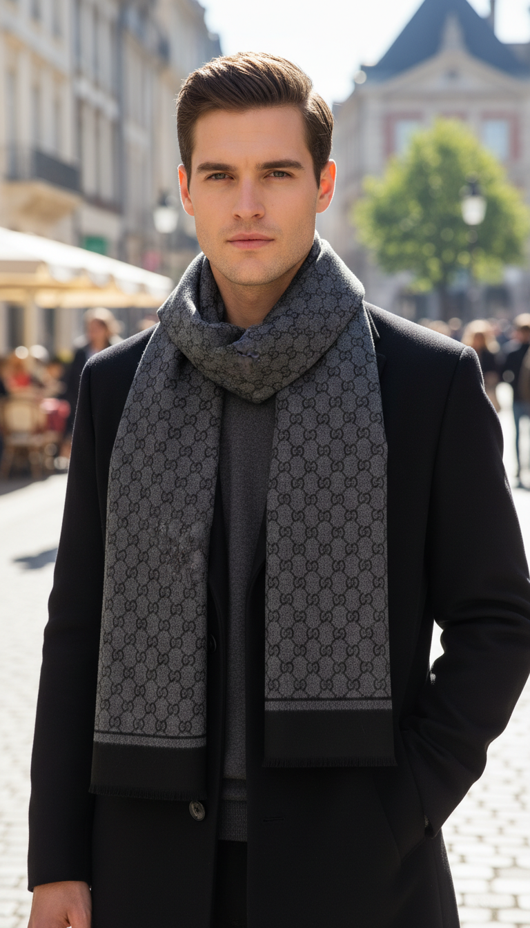 Men's Cashmere Scarf - Letter Print Pashmina Neck - Side View