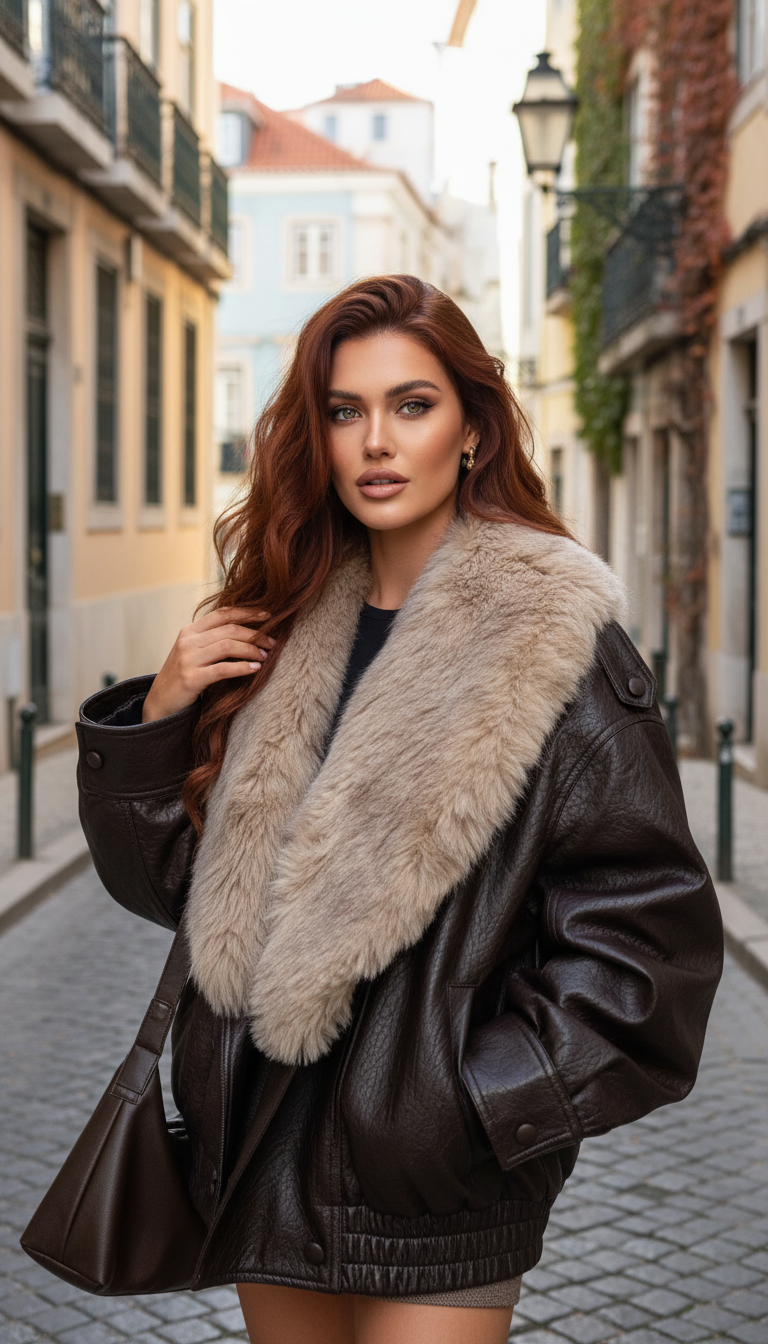Women's Double-Breasted Faux Leather Jacket with Removable Fur - Front View