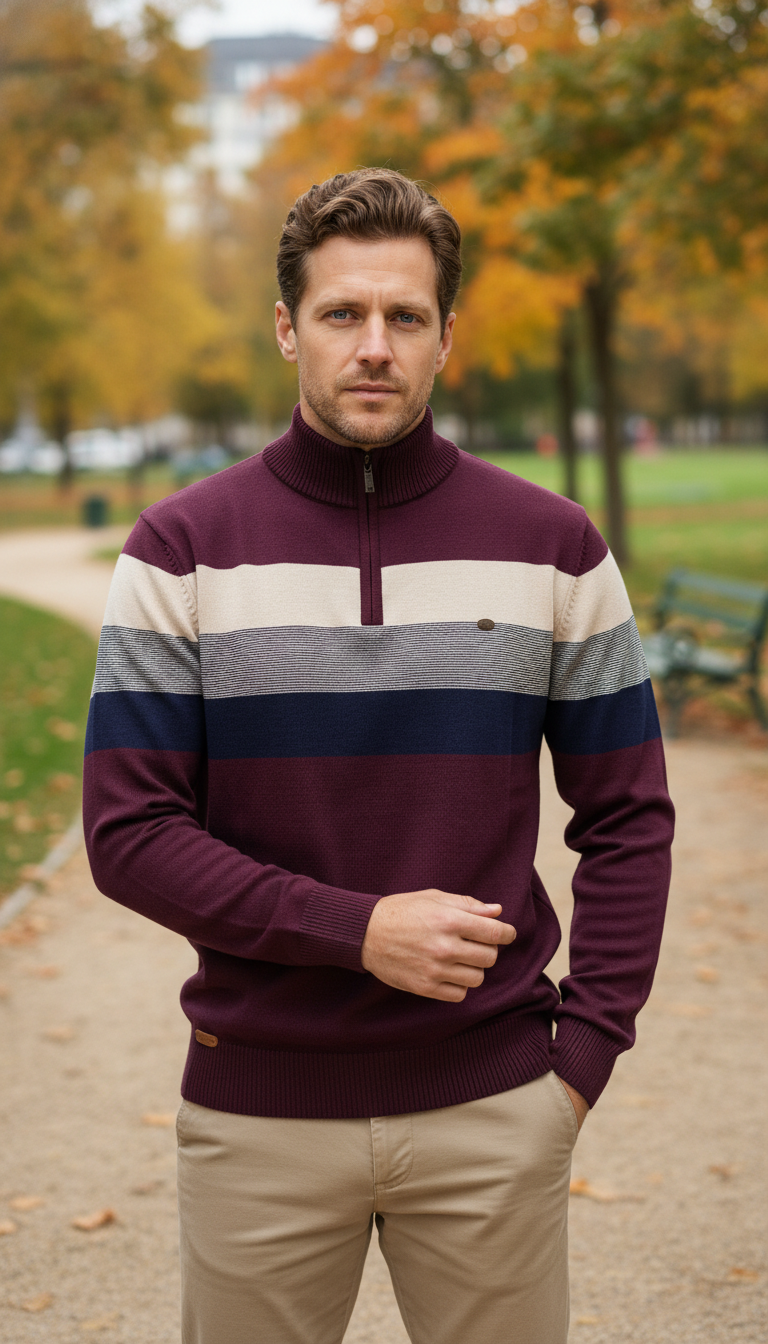 Men's Patchwork Pullover Sweater - Cotton Mock Neck - Image 7