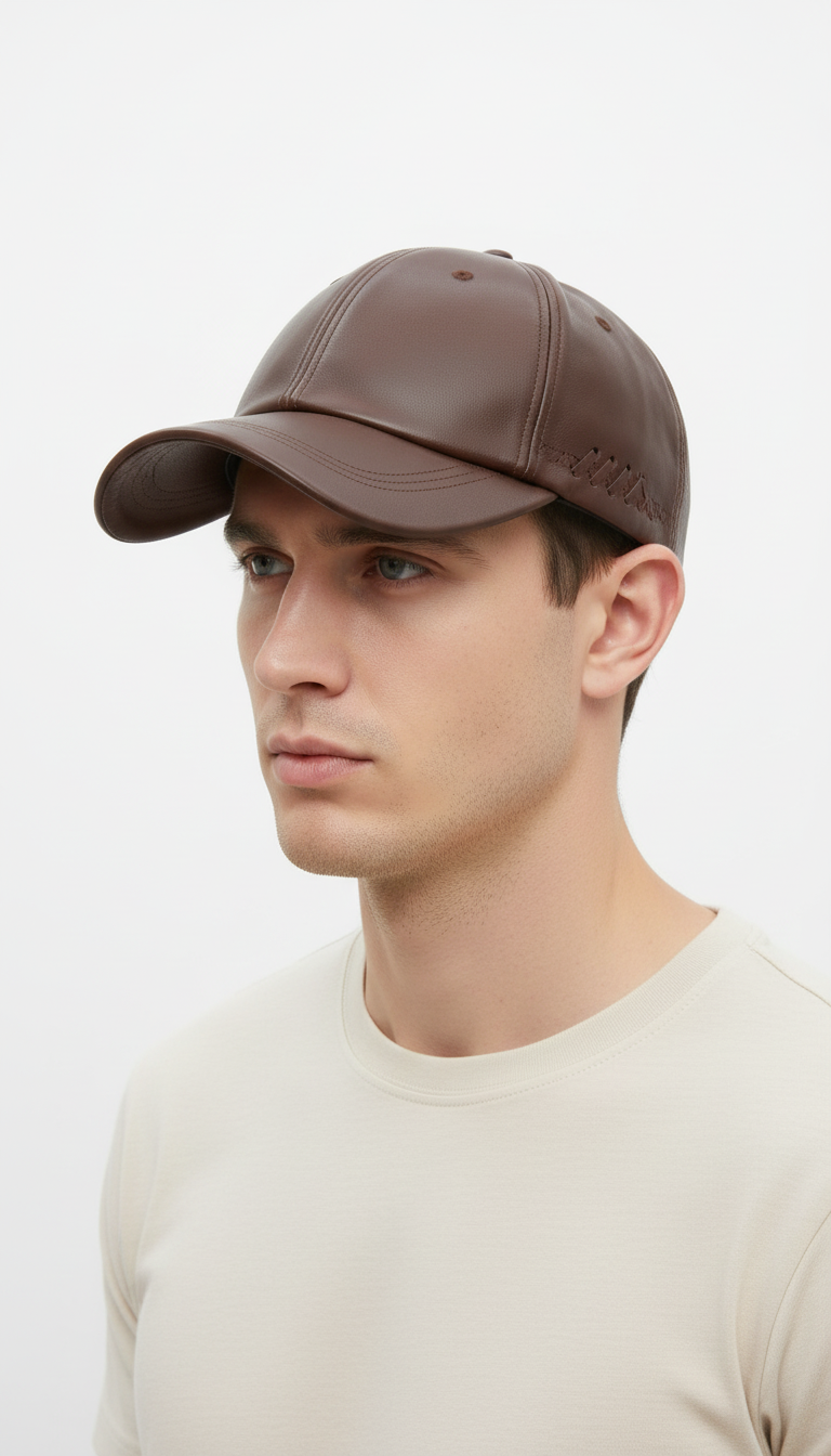 OURYE Faux Leather Baseball Caps - Khaki