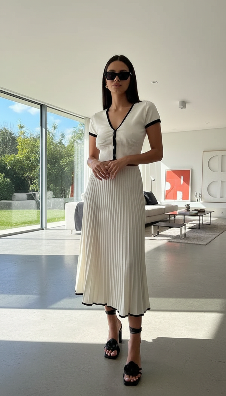 Women's 2-Piece V-Neck Crop Top & Pleated Midi - Detail Close-Up