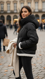 Women's Patchwork Down Jacket - Hooded Loose Fit - Side View