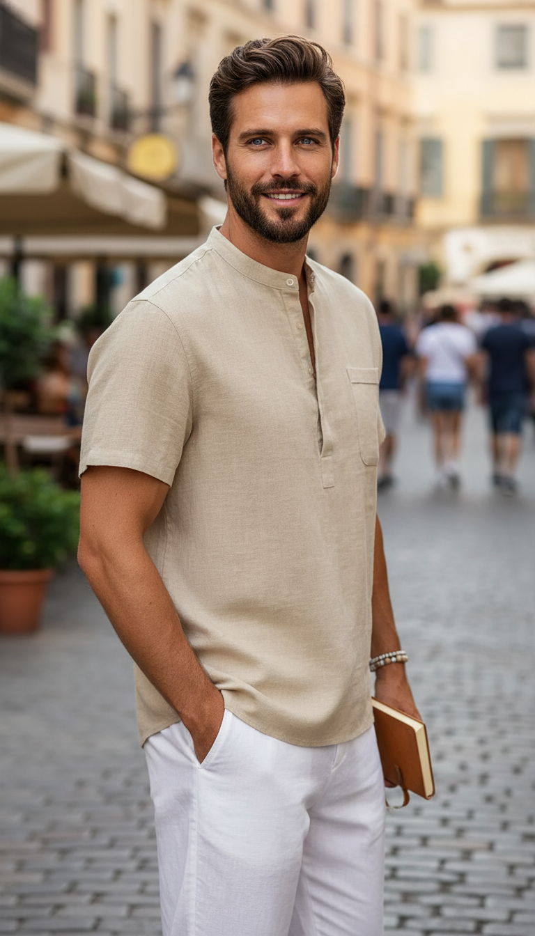 Cotton Linen Henley Shirt – Men's Short Sleeve - Detail Close-Up