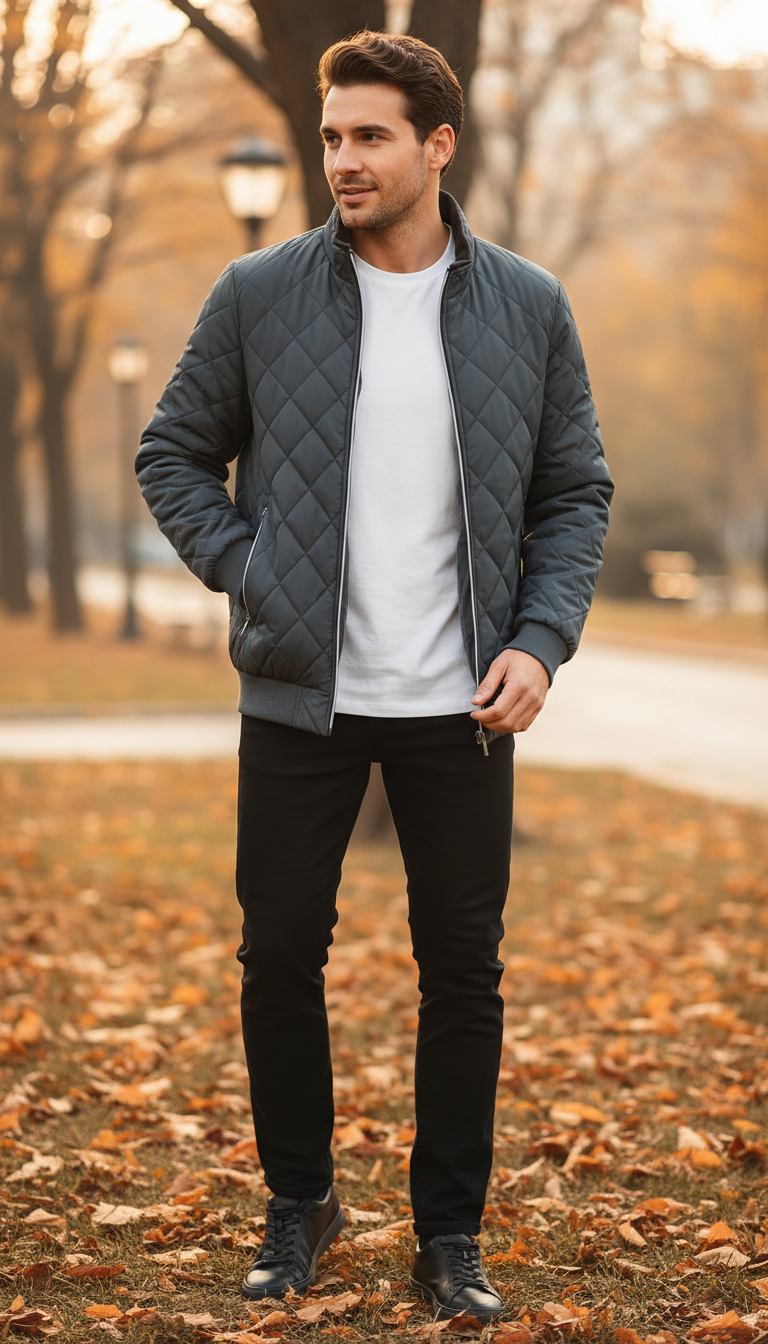 OURYE Men's Quilted Bomber Jacket - Slim Fit in Black