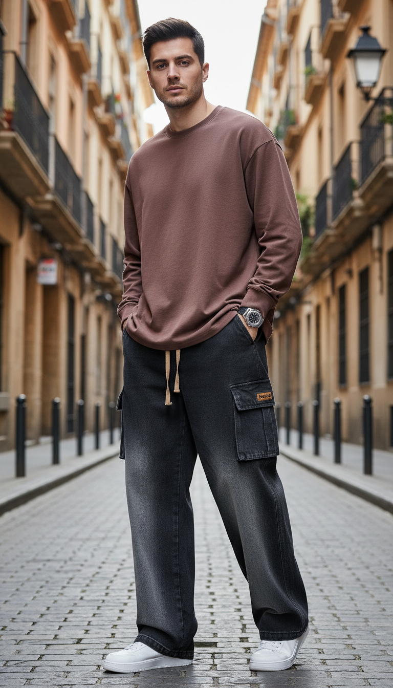 Men's Wide Leg Cargo Jeans - Loose Fit Cotton Pants Plus Size to 8XL