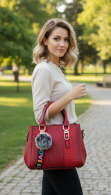 Embroidered Leather Messenger Bag with Pom-Pom - Crossbody - Image 5