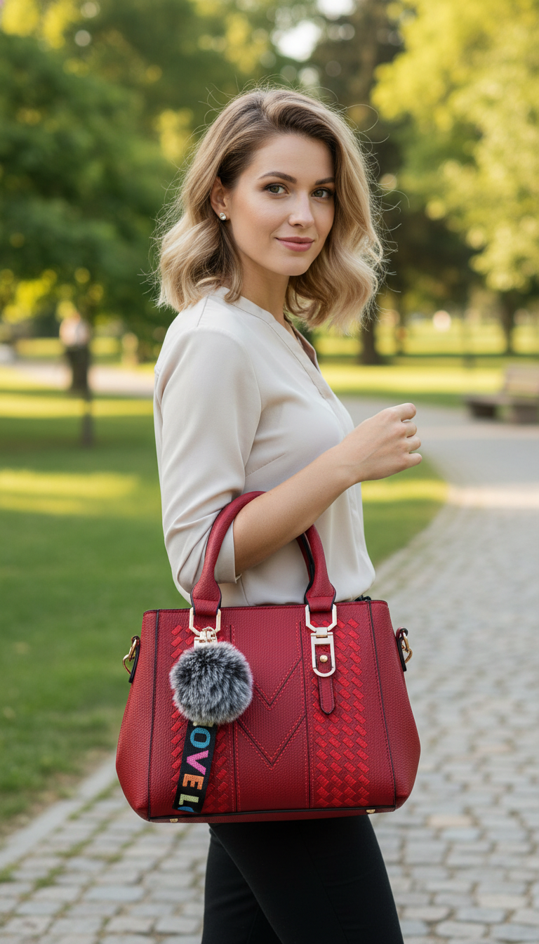 Embroidered Leather Messenger Bag with Pom-Pom - Crossbody - Image 5