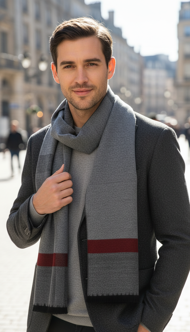 Men's Cashmere Scarf - Striped Business Shawl Wrap - Back View