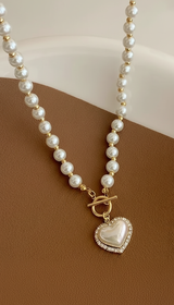 Pearl Heart Pendant Necklace - Elegant Simulated Pearl - Side View