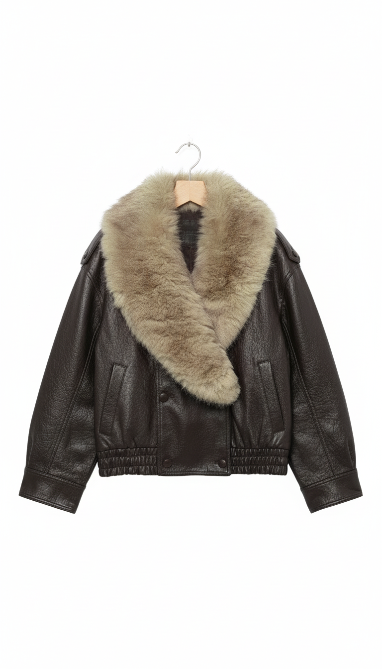 Women's Double-Breasted Faux Leather Jacket with Removable Fur - Side View