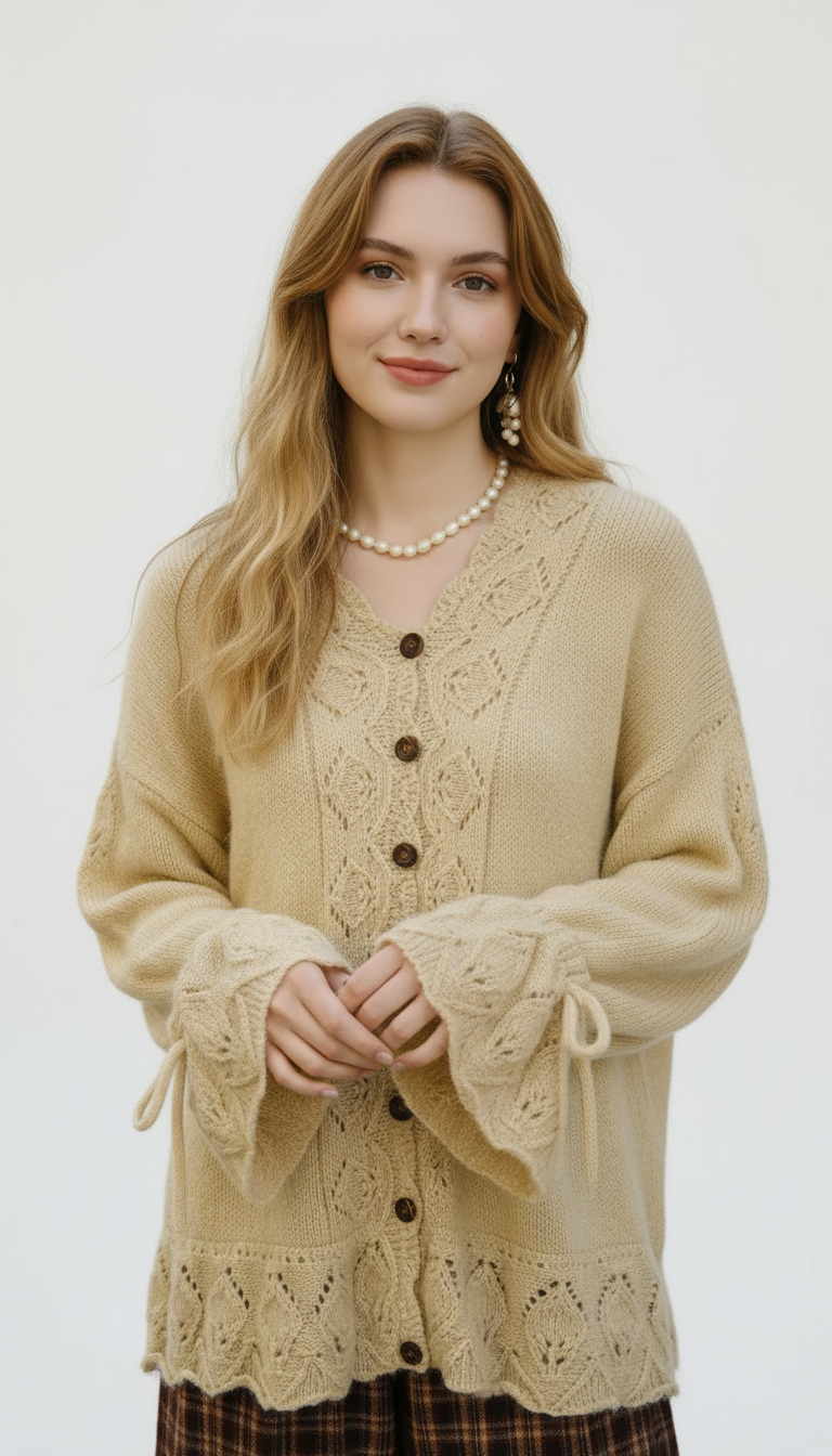 Handgestrickter Häkelcardigan – Premium Mohair-Pullover mit ausgestellten Ärmeln, Wellen-V-Ausschnitt und Schnürung in der Taille