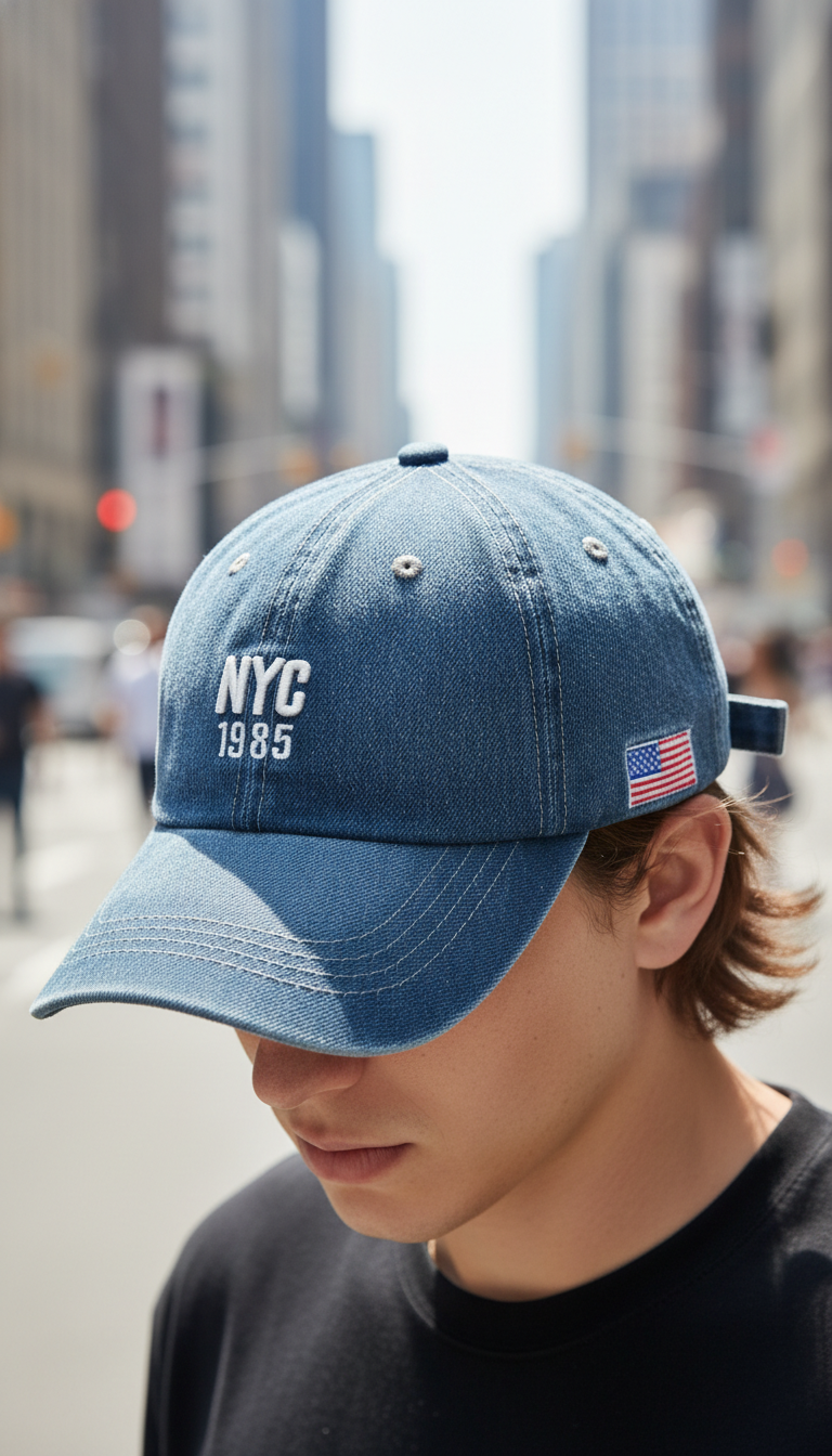 Denim Baseball Cap – Embroidered Letter Snapback Hat - Detail Close-Up