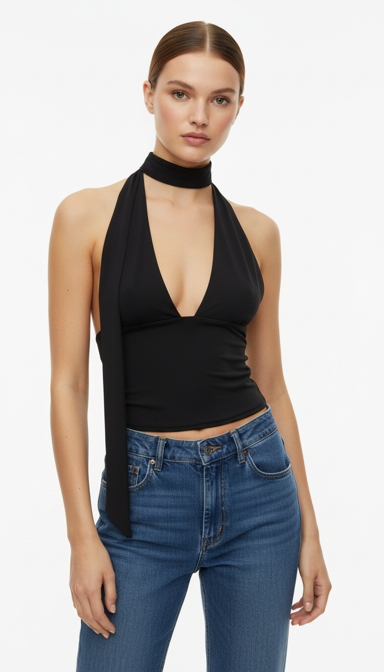 Damen Neckholder-Tanktop mit Schal-Rücken – Verstellbares Cami-Top zum Binden mit unregelmäßigem Saum