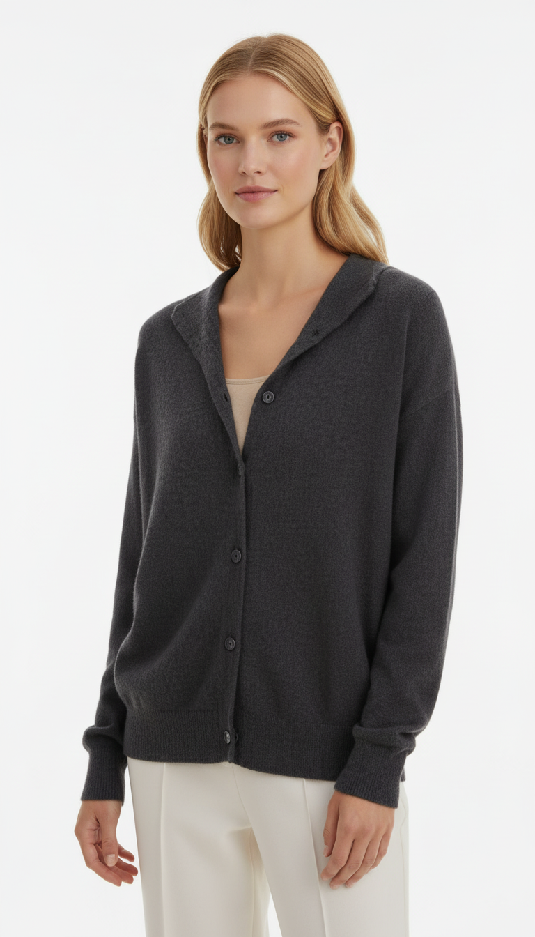 Damen-Kaschmir-Cardigan – Rollkragenpullover mit Knopfleiste