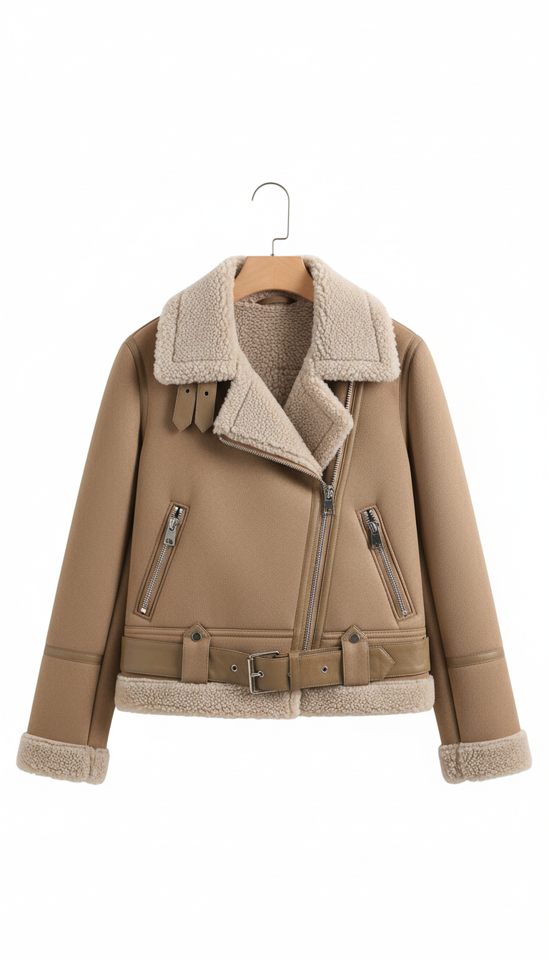 Women's Faux Shearling Moto Jacket - Warm Suede - Back View