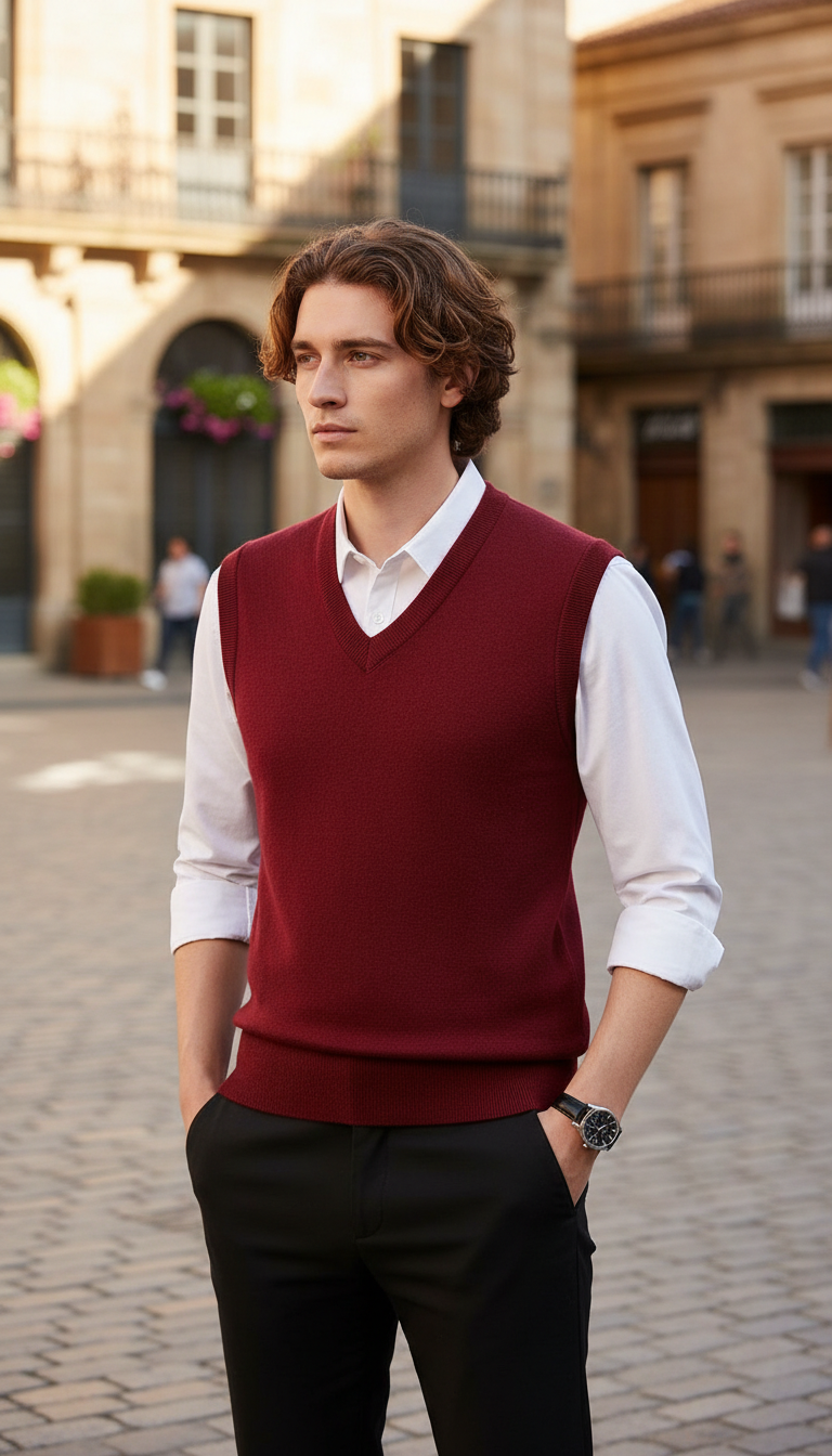 Men's Solid Colour Sweater Vest - V-Neck Sleeveless - Detail Close-Up