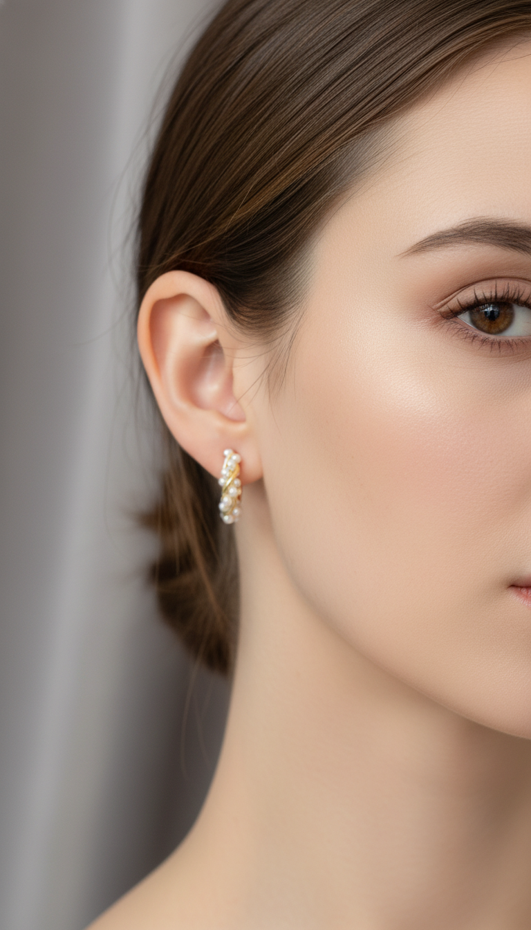 Pearl Circle Hoop Earrings - French-Inspired Small Round - Front View