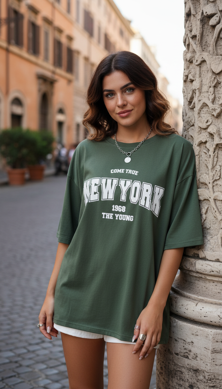 Women's Oversized Letter Print T-Shirt - 100% Cotton - Back View
