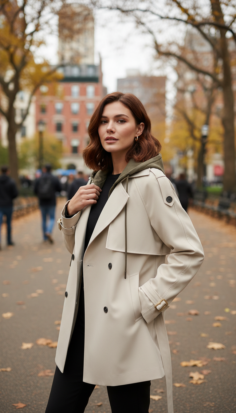 Women's Hooded Trench Coat - Double Breasted Belted - Back View