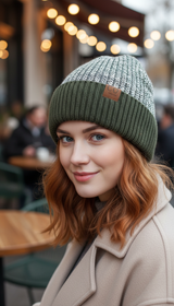 Fur-Lined Two-Tone Beanie – Unisex Knitted Hat in - Side View