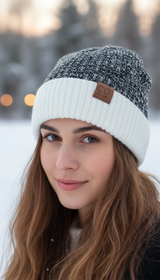 Fur-Lined Two-Tone Beanie – Unisex Knitted Hat in - Back View