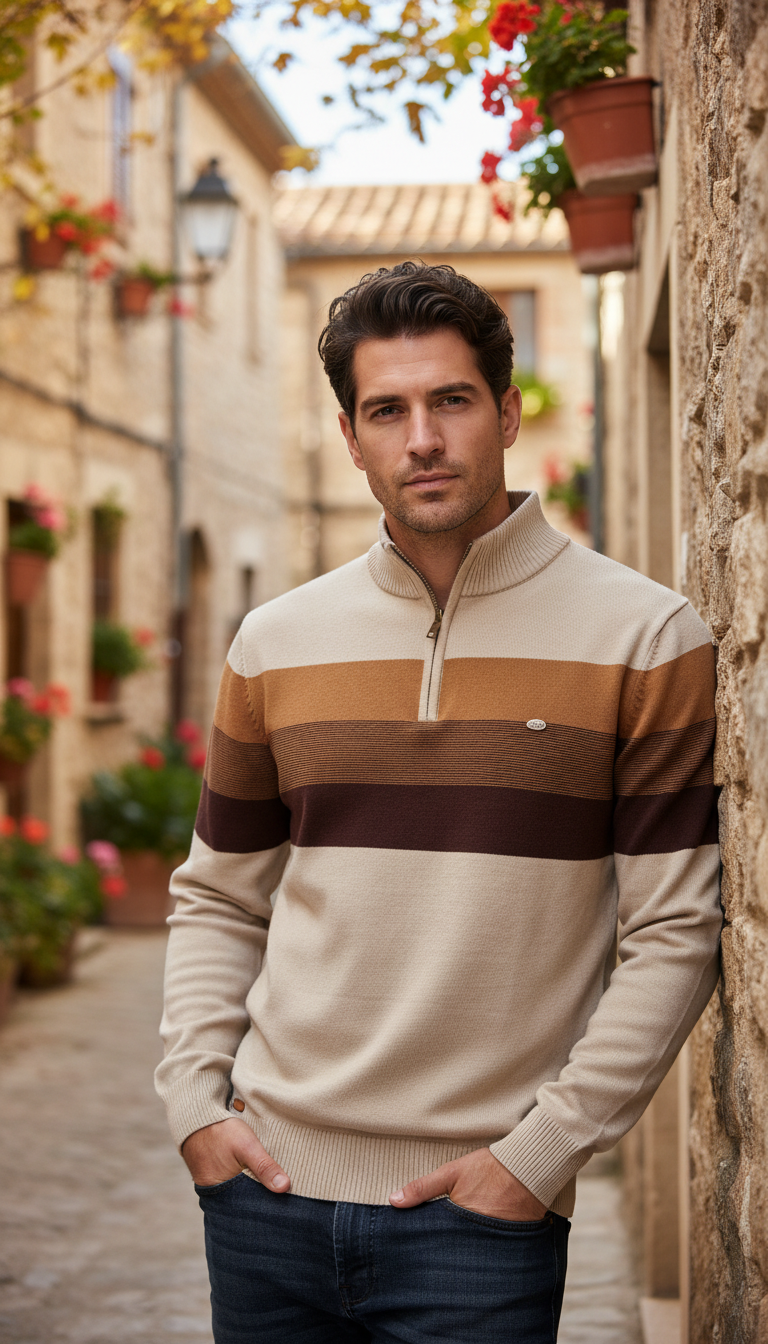 Men's Patchwork Pullover Sweater - Cotton Mock Neck - Front View