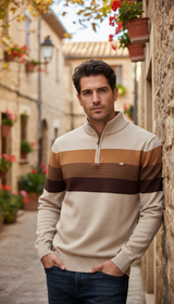 Men's Patchwork Pullover Sweater - Cotton Mock Neck - Front View