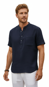 Baumwoll-Leinen-Henley-Shirt – Herren kurzärmeliges Strandhemd mit Tasche in Marineblau