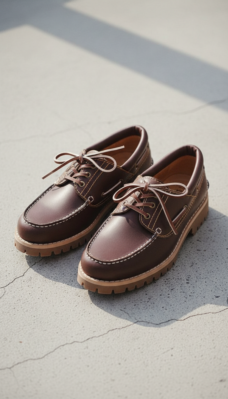 Men's Vintage Leather Boat Shoes - British Style - Side View