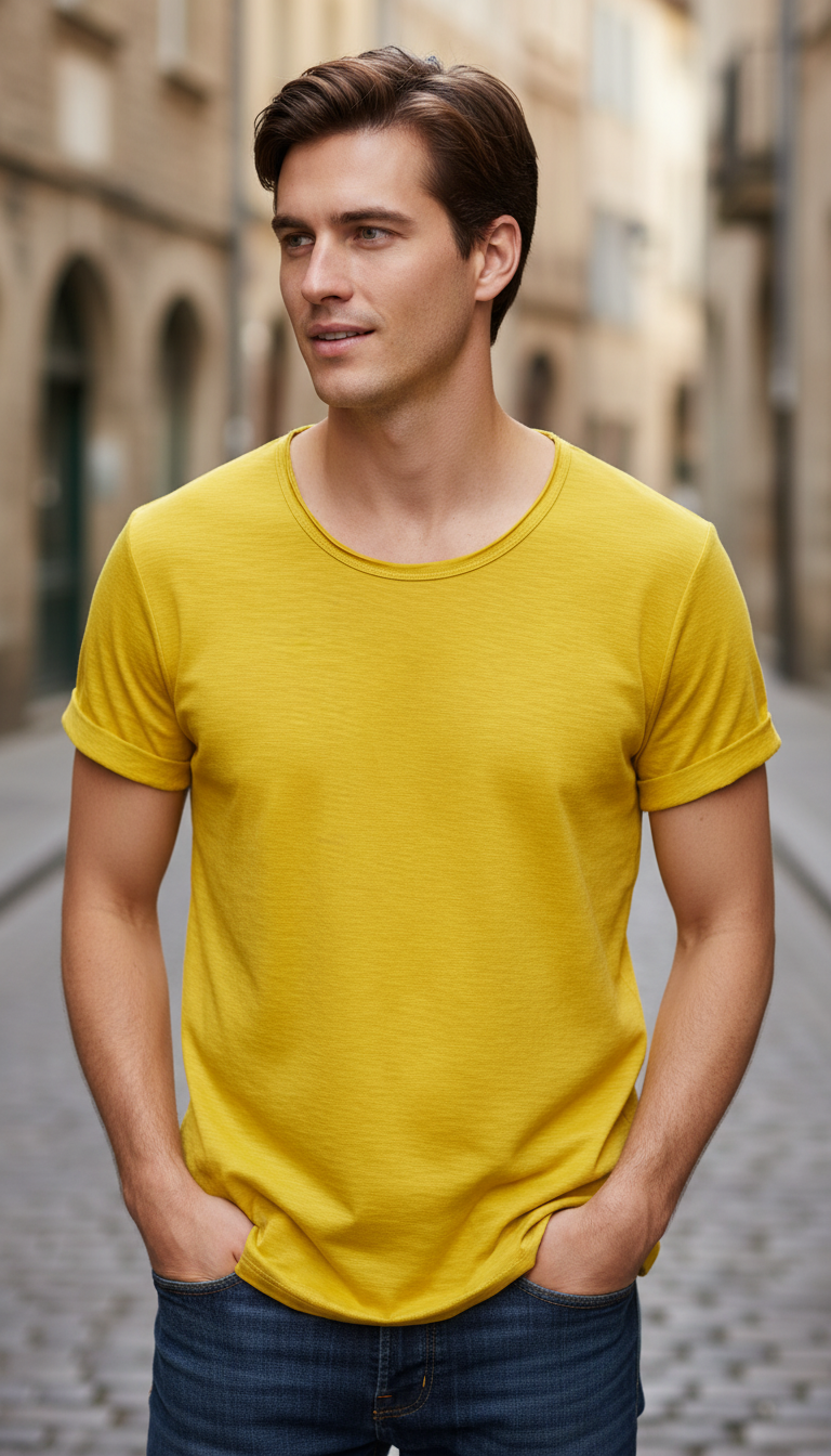 OURYE Men's Cotton Raw Edge Tee - Slim Fit in Coffee