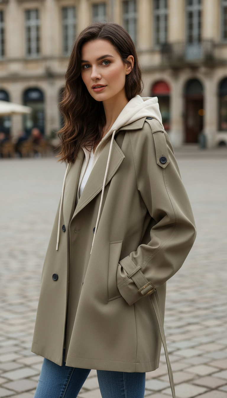 Women's Hooded Trench Coat - Double Breasted Belted - Side View
